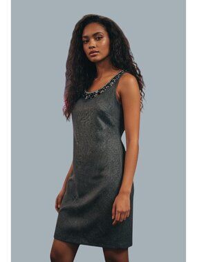 Carmen Marc Valvo Embellished Charcoal Gray Sleeveless Sheath Dress Size 8